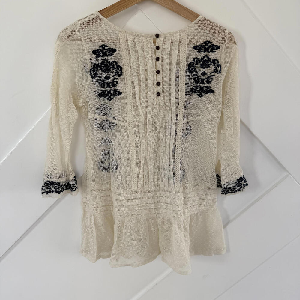 Free People Sheer Cream Lace Blouse with Black Embroidered Accents - Picture 4 of 4